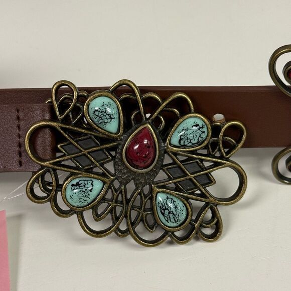NWT Western Cowgirl Brown Leather Belt with Metal Embellishments SZ M/L - Picture 2 of 5